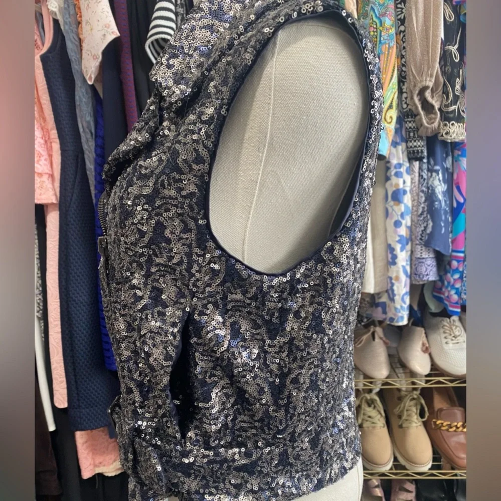 Catherine Malandrino Sequin Moto Vest Galaxy Black Silver Size 4